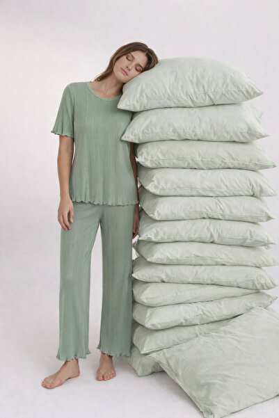 koza iç giyim Kadın Pamuklu Kısa Kollu Baby Overloklu Pijama Takımı