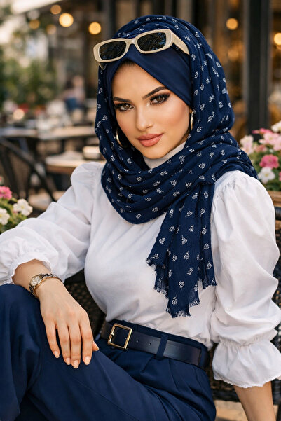 Aişe tesettür Lacivert Çiçekli Baskılı Şapkalı Şal