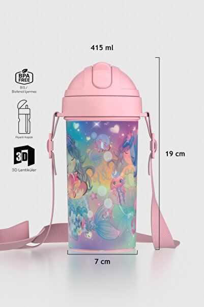Renga Cosmo Lenticular Deniz Kızı Desenli 415 ml Pipetli Askılı PP Çocuk Mata...