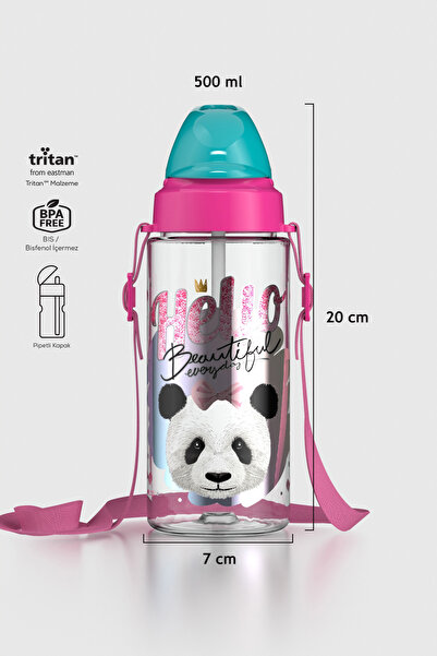 Renga Sonic Air Panda Desenli 500 ml Askılı Pipetli Tritan Çocuk Matara 91205...