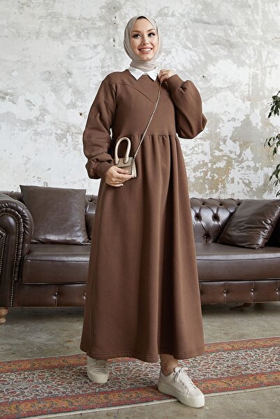 InStyle Hidžábové šaty s balonovým rukávem Elenor - hnědé