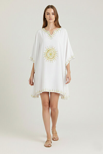 Deriderim White Sile Cloth Short Summer Beach Cotton Kaftan Dress with Bat Sl...