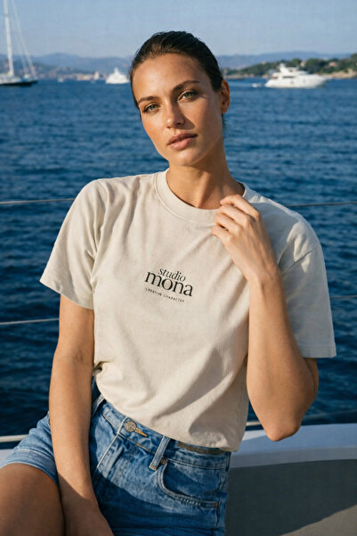 Amia&Co. Tricou de damă, 100% bumbac, bej, imprimat, cu mânecă scurtă și deco...