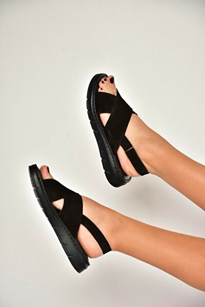 Fox Shoes Y555531102 Black Genuine Leather Suede Women's Sandals