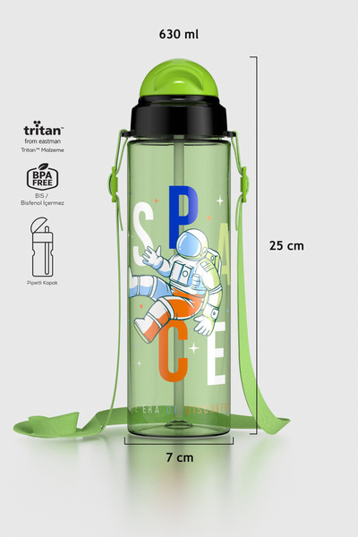 Renga Migo Desenli 630 ml Askılı Pipetli Tritan Çocuk Matara 912143 Yeşil