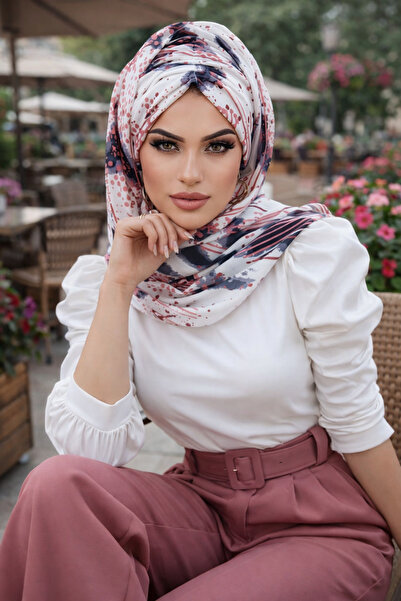 Aişe tesettür White Powder Retro Pattern Ready Shawl