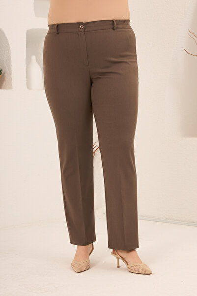 RMG Beli Lastikli Büyük Beden Gabardin Geniş Paça Pantolon Vizon