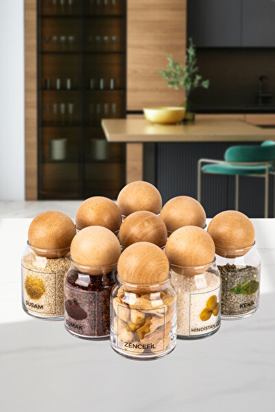 Minya Home 9 Piece Glass Spice Jar Set Decorative Wooden Ball Lid Glass Jar S...