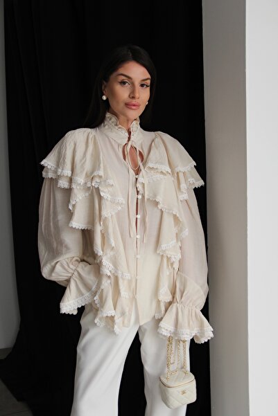 Julidress Cream Beige Premium Shirt with Lace and Tie Detail
