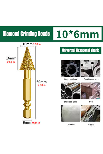 Choice 10mm Tapered Diamond Grinding Head 6mm Universal Shank Brazing File Fo...