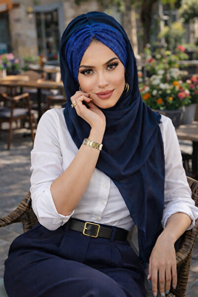 Aişe tesettür Lacivert Kot Büzgülü Hazır Şal