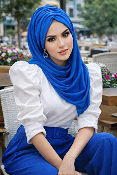Aişe tesettür Şal pregătit cu șnur albastru Saks