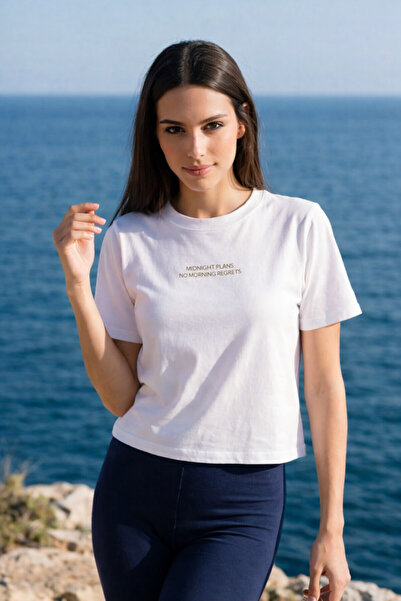 Amia&Co. Tricou de damă, 100% bumbac, alb, imprimat, cu mânecă scurtă și deco...