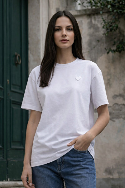 Amia&Co. Tricou de damă, 100% bumbac, alb, cu broderie cu inimă, cu mânecă sc...