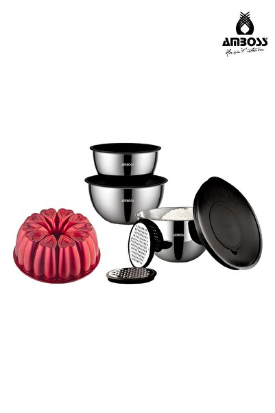 Amboss 10 Piece Satin Bowl Set and Amethyst Cake Mold (Bordo)