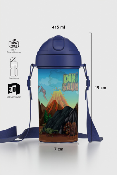 Renga Cosmo Lenticular Dinazor Desenli 415 ml Pipetli Askılı PP Çocuk Matara ...