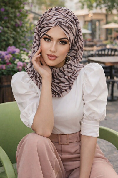 Aişe tesettür Έτοιμο σάλι με σχέδιο καφέ ζέβρα