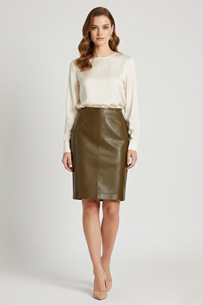 Deriderim Khaki Elara Crocodile Patterned Genuine Leather Pencil Skirt