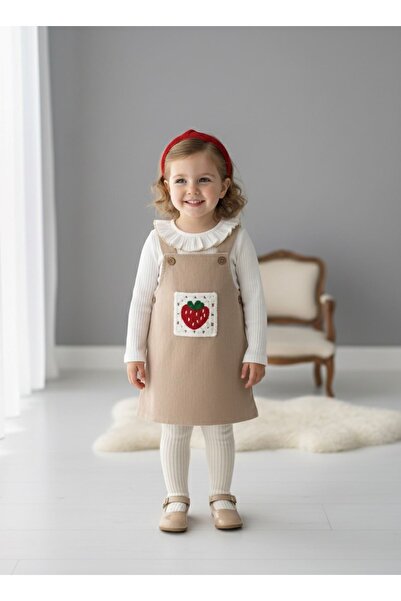 Minigimin Cicileri Miniğimin Cicileri Çilek Nakış Kız Bebek 2 li Kadife Elbis...