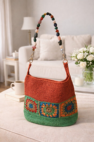 FAHA NATURAL Kağıt ip motifli örme omuz çantası