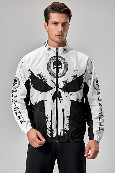 Lushen Kuru Kafa Punisher Siyah Beyaz Oversize Unisex Motorcu Yağmurluk Rüzga...