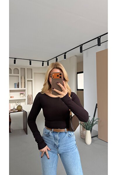 Sezgi Tekin Wide Collar Bitter Brown Cotton Basic Blouse