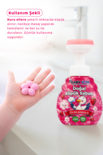 Baby İcon Doğal Çocuk Köpük El Sabunu 350 ml Çilek Kokulu Vegan Parabensiz Çiçek Şekilli Pembe Köpük