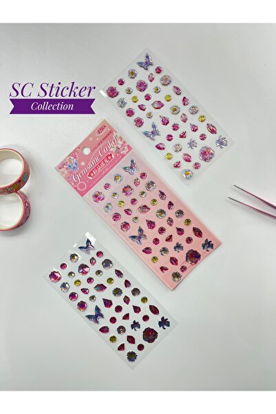 SC Sticker Collection Holografik Çiçek ve Kelebek Pembe Paket Tek Yaprak 42 A...