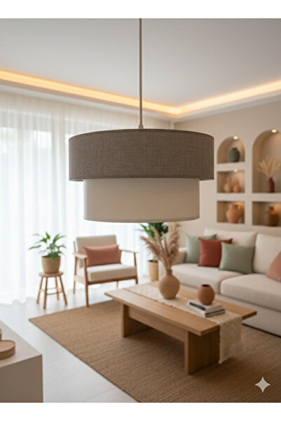 Emg DesiGn E27 Kumaş Başlık Modern Gri Beyaz Pasta Avize 51-60 cm Kumaş Gri 1 Modern 30 Salon / Oturma Odası