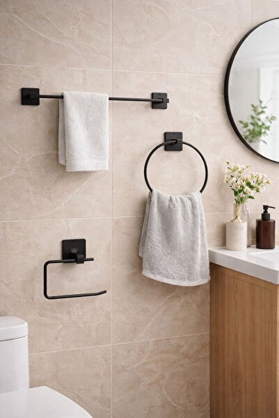 KARTEYA Yapışkanlı Siyah Uzun Havlu Askısı Yuvarlak Havluluk Havlu Askısı WC ...