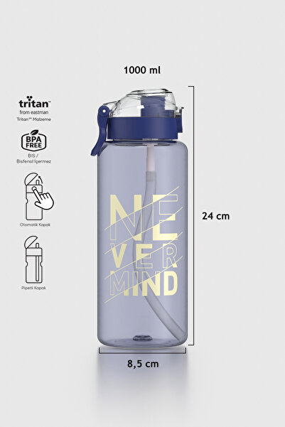 Renga Saga Loop Yazı Desenli 1000 ml Pipetli Tritan Matara 912173 Mavi