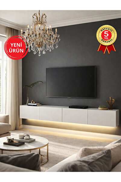 dorpek Homeros LED'li Tv Sehpa & Ünitesi, Duvara Monte Tv Ünitesi Beyaz 240 cm