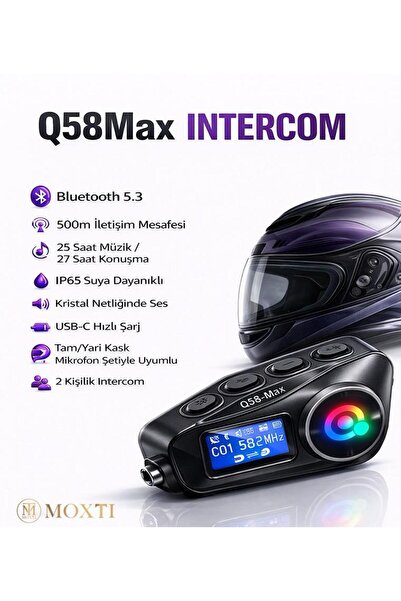 Moxti Q58-MAX Radyolu 2 Kişi Bağlantılı Bluetooth Kask Kulaklık Ekranlı Fener...