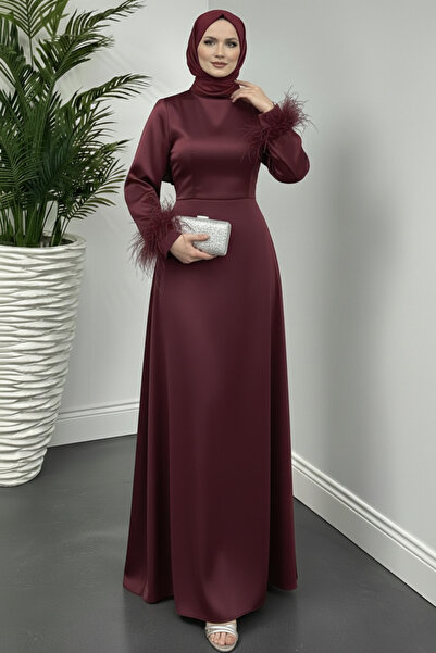 Aysan Moda Kolu Tüy Detaylı Saten Tesettür Mezuniyet Abiye Davet ve Nişan Elb...