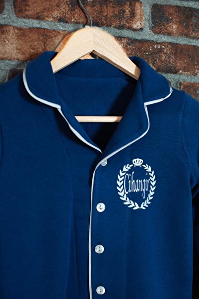 ADEREN KİDS KIŞLIK SÜNNET PİJAMASI PAMUK İSİM BASKILI LACİVERT GRİ