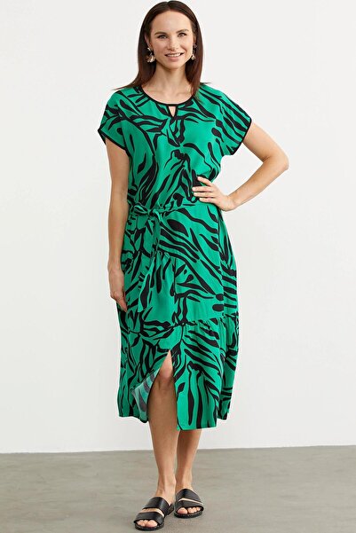 Sementa Kuşaklı Yarasa Kol Desenli Elbise - Yeşil