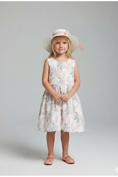 Serkon Rochie țesută cu decorațiune cu fundă cu curea pentru fetiță cu pălărie