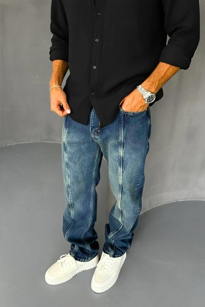 A&O Style Men's Baggy Washed Seam Detail Design Jeans Denim Pants
