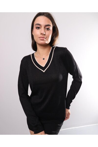 Jm Triko 337 VYaka İki Renkli Yanı Yırtmaçlı Simli Triko Bluz