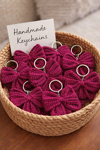 Panda 5 Adet El Yapımı Örgü Fiyonk Anahtarlık – Bordo Renk Şık Çanta & Anahta...