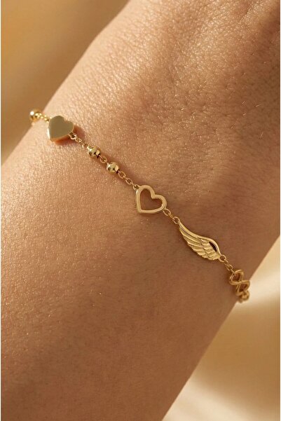 YCL JEWELLERY 8 Ayar Altın Melek Sonsuzluk ve Kalpli Altın Şans Bilekliği