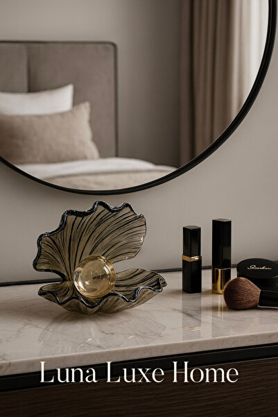 Luna Luxe Home Büyük Boy Dekoratif Kristal Zarif İstiridye ve İnci Obje (Füme...
