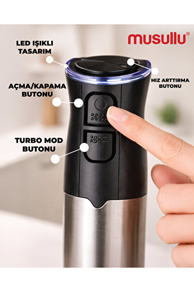 Musullu MSL-2015 1500W Çubuk Blender - 4 Bıçaklı, Turbo, LED Işıklı, Çırpıcılı Siyah/Beyaz
