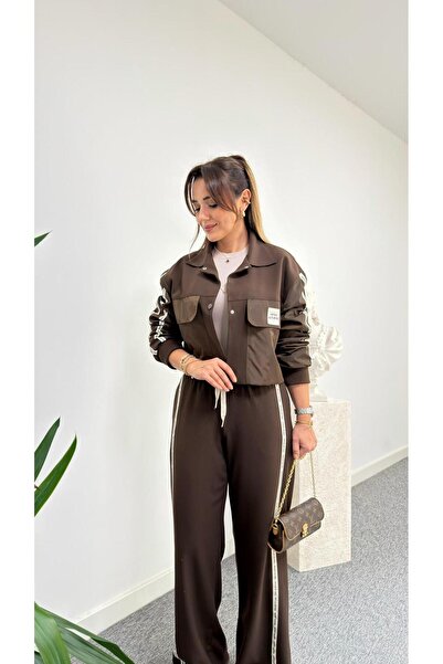MODA Kumaş Matchli Etiket Detaylı Kahverengi Eşofman Ceket Pantolon İkili Takım
