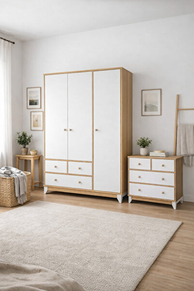 Koza %100 MDF Bonnie Ahşap Beyaz 3 Kapılı Gardırop & Bonnie Ahşap Beyaz 4 Çek...
