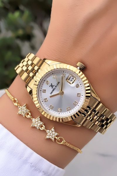 Daniel Klein Brand Gold Silver Color Women's Watch with Bracelet Gift
