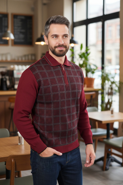 Kamalı Pulover pentru bărbați, roșu claret, fără pilling, cu potrivire standa...