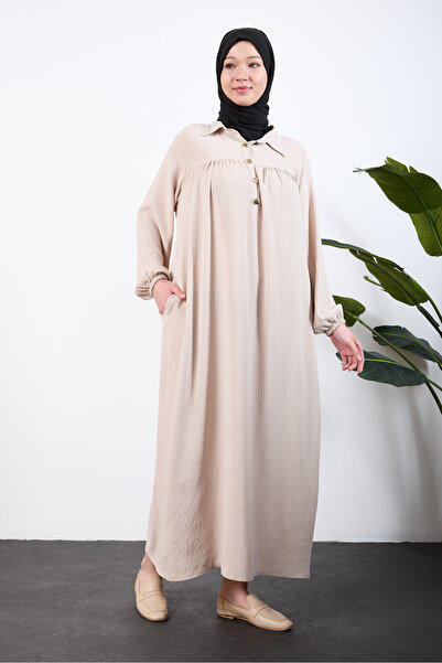 OKTAYUSTA COLLECTİON Önü Yarım Pat Düğmeli Gömlek Yaka Robalı Mevlana Elbise Bej