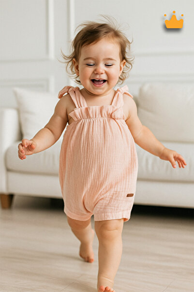 Babyhola 0-2 Yaş %100 Pamuk Müslin İp Askılı Kız Bebek Çocuk Yazlık Tulum Som...