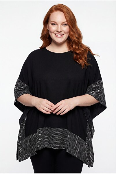 Ebsumu Women's Plus Size Sequined Design Black Blouse